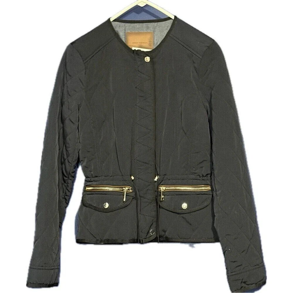 Zara Woman Full Zip Jacket Womens Size Small Navy Quilted Gold Hardware Pockets